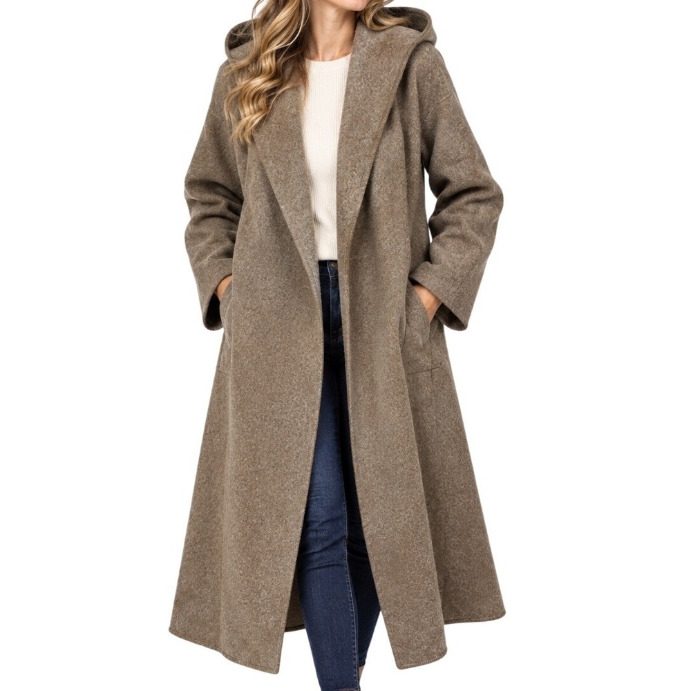 Junior Gallery Beige Taupe 100% Pure New Wool Hooded Wrap Coat Women's Medium